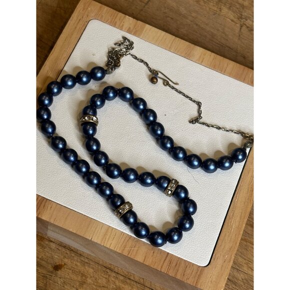 Vintage Blue Faux Pearl Necklace With Rhinestone Accents & Adjustable Hook Clasp - Picture 6 of 10